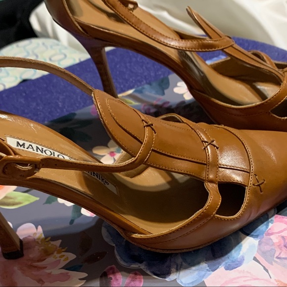 Manolo Blahnik Camel-Color Point-Toe Kitten Heels - Picture 7 of 7